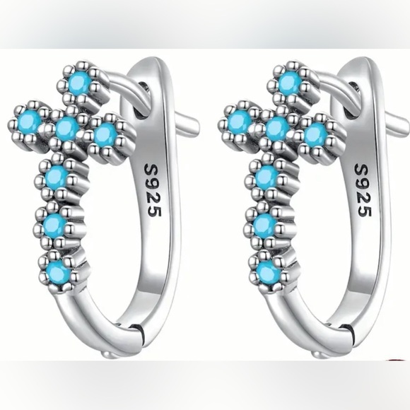 925 Sterling Silver w/ turquoise 
“💓 Jesus” Cross mini hoop earrings
Brand New - Picture 1 of 16